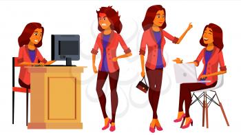 Office Worker Vector. Woman. Professional Officer, Clerk. Adult Business Female. Arab, Saudi Lady Face Emotions, Various Gestures. Isolated Cartoon Illustration