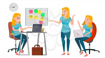 Business Woman Character Vector. Working Girl. Environment Process Creative Studio. Lifestyle Situations In Action. Girl Boss. Programming, Planning. Designer, Manager. Poses. Business Illustration