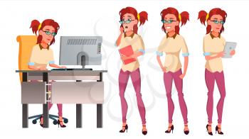 Office Worker Vector. Woman. Scene Generator. In Action. Happy Clerk, Servant, Employee. Front, Side View. Business Woman Person. Lady Face Emotions Various Gestures Flat Character Illustration