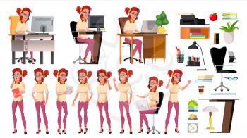 Office Worker Vector. Woman. Happy Clerk, Servant, Employee. In Action. Business Human. Face Emotions, Various Gestures Isolated Character Illustration