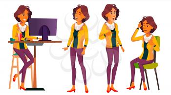 Office Worker Vector. Woman. Business Person. Face Emotions, Gestures. Situations Flat Cartoon Illustration