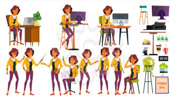 Office Worker Vector. Woman. Smiling Servant, Officer. Poses. Business Human. Front, Side View. Lady Face Emotions, Various Gestures. Isolated Flat Cartoon Character Illustration