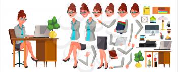 Office Worker Vector. Woman. Animation Creation Set. Secretary, Accountant. Professional Officer, Scene Generator. Clerk. Business Female. Front Side View Lady Emotions Gestures Illustration