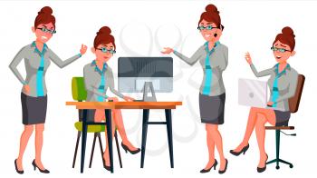 Office Worker Vector. Woman. Successful Officer, Clerk, Servant. Poses. Situations. Secretary. Business Woman Worker Face Emotions Various Gestures Isolated Flat Illustration