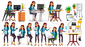Office Worker Vector. Woman. Servant, Employee. Front, Side View. Poses. Business Woman Person. Accountant Lady Emotions Various Gestures Flat Character Illustration