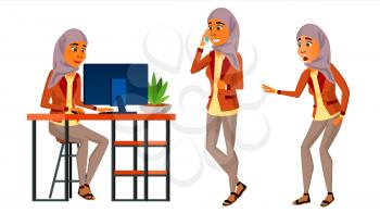 Arab Woman Set Office Worker Vector. Woman. Hijab. Ghutra. Arab, Muslim. Poses. Face Emotions, Various Gestures. Set Isolated Cartoon Character Illustration