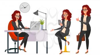 Business Woman Lady Character Vector. Working Female In Action. IT Startup Business Company. Clerk In Office Clothes. Desk. Full Length. Girl Programmer. Expressions. Business Character Illustration