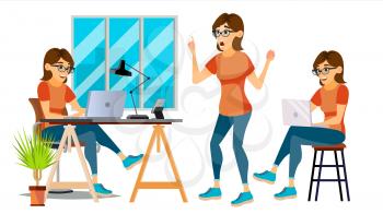 Business Woman Character Vector. Female In Different Poses. Clerk In Office Clothes. Designer, Manager. Cartoon Illustration