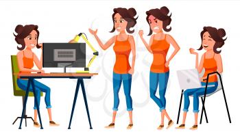 Office Worker Vector. Woman. Modern Employee, Laborer. Business Worker. Face Emotions, Various Gestures. Isolated Cartoon Character Illustration