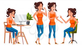 Office Worker Vector. Woman. Professional Officer, Clerk. Business Female. Lady Face Emotions, Various Gestures. Isolated Flat Character Illustration