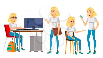 Business Woman Character Vector. Female In Different Poses. Clerk In Office Clothes. Designer, Manager. Blonde Woman. Cartoon Illustration