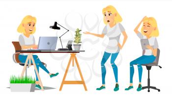 Business Woman Character Vector. Female In Different Poses. Clerk In Office Clothes. Designer, Manager. Young Blonde Woman. Cartoon Illustration