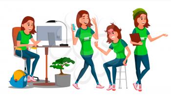 Young Business Woman Character Vector. Environment Process. Lady In Various Poses. Creative Studio. Cartoon Illustration