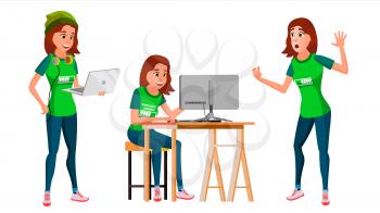Young Business Woman Character Vector. Environment Process. Lady In Various Poses. Creative Studio. Cartoon Illustration