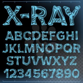 X-ray Font Vector. Transparent Roentgen Decorative Alphabet. Radiology Neon Scan Effect. Blue Bone. Futuristic Medical Light Typography. Capitals Letters And Numbers. Isolated Typeset Illustration