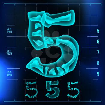5 Number Vector. Five Roentgen X-ray Font Light Sign. Medical Radiology Neon Scan Effect. Alphabet. 3D Blue Light Digit With Bone. Medical, Pirate, Futuristic Style. Illustration