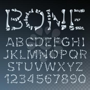 Bone Font Vector. Made Out Of Transparent Bones. Monster Horrible Font. Capitals Letters And Numbers. Anatomy Pirate Style. Isolated Transparent Illustration