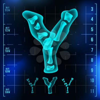 Y Letter Vector. Capital Digit. Roentgen X-ray Font Light Sign. Medical Radiology Neon Scan Effect. Alphabet. 3D Blue Light Digit With Bone. Medical, Pirate, Futuristic Style. Illustration