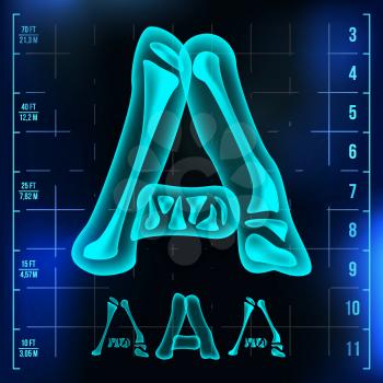 A Letter Vector. Capital Digit. Roentgen X-ray Font Light Sign. Medical Radiology Neon Scan Effect. Alphabet. 3D Blue Light Digit With Bone. Medical, Futuristic, Horror Style. Illustration