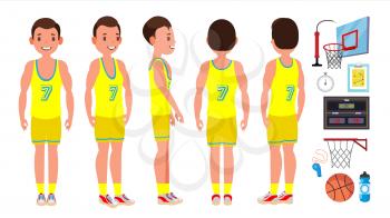 Basketball Male Player Vector. Yellow Uniform. Playing With A Ball. Healthy Lifestyle. Team Action Stickers. Cartoon Character Illustration