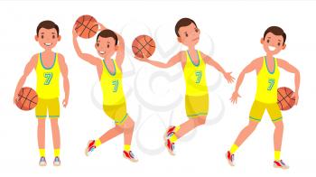 Basketball Player Male Vector. Different Position. Healthy Lifestyle. Isolated Flat Cartoon Character Illustration