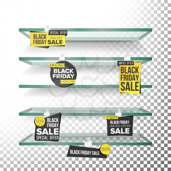 Empty Shelves, Black Friday Sale Advertising Wobblers Vector. Retail Concept. Black Friday Discount Sticker. Sale Banners. Isolated Illustration