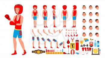 Boxing Player Vector. Animated Character Creation Set. Fighting Sportsman Male. Full Length, Front, Side, Back View, Accessories, Poses, Face Emotions Gestures Isolated Cartoon Illustration