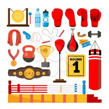 Boxing Equipment Tools Set Vector. Box Accessories. Boxer, Ring, Belt, Punch Bags, Red Gloves, Helmet Isolated Cartoon Illustration