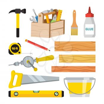 Carpentry And Woodwork Tools Set Vector. Repair And Building Accessories. Board, Hammer, Toolbox, Brush, Glue, Pencil, Tape Measure, Saw Ruler Bucket Drill Isolated Illustration