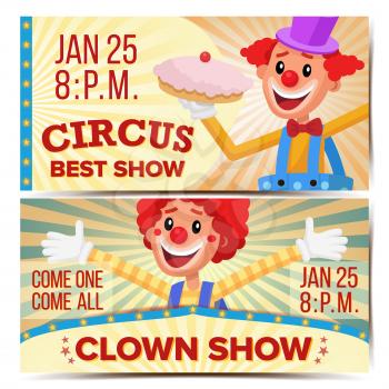 Circus Clown Horizontal Banners Template Vector. Great Circus Show Concept. Amusement Park Party. Carnival Festival Background