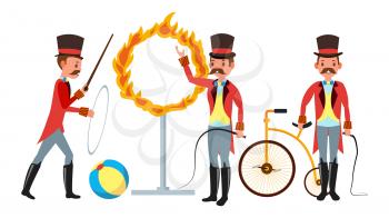 Circus Trainer Vector. Circus Performances Of Trained Animals. Mustache, Red Cloak, Cylinder, Whip. Isolated On White Cartoon Character Illustration