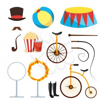 Circus Trainer Items Set Vector. Circus Accessories. Hat, Mustache, Ball, Podium, Stand, Whip, Tobacco Popcorn Soda Bicycle Fire Ring Boots Isolated