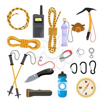 Climbing Icons Set Vector. Rock Trekking Equipment And Accessories. Isolated Flat Illustration