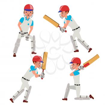 Professional Cricket Player Vector. Equipped Players. Pads, Bats, Helmet. Isolated On White Cartoon Character Illustration