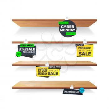 Supermarket Shelves, Cyber Monday Sale Advertising Wobblers Vector. Retail Sticker Concept. Mega Sale Design Concept. Cyber Monday Best Offer. Discount Sticker. Sale Banners. Isolated Illustration