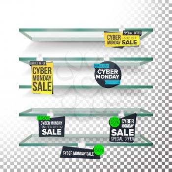 Empty Shelves, Cyber Monday Sale Advertising Wobblers Vector. Retail Concept. Big Sale Banner. Cyber Monday Discount Sticker. Sale Banners. Isolated Illustration