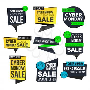 Cyber Monday Sale Banner Set Vector. Sale Technology Banner. Discount Tag, Special Monday Offer Banner. Special Offer Cyber Templates. Best Offer Advertising. Isolated Illustration