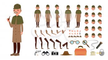 Detective Vector. Animated Tec Character Creation Set. Snoop, Shamus, Spotter Full Length, Front, Side, Back View, Poses Emotions Hairstyle Gestures Isolated Illustration