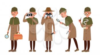 Classic Detective Vector. Retro Professional Funny Snoop, Shamus. Loking Through Magnifying Glass. Sleuthing, Disguising. Flat Cartoon Illustration