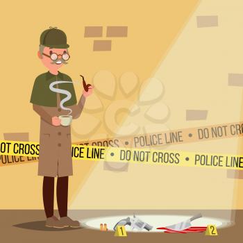 Crime Scene Vector. Detective Character Man. Crime Scene Investigation. Snoop, Shamus. Flat Cartoon Illustration