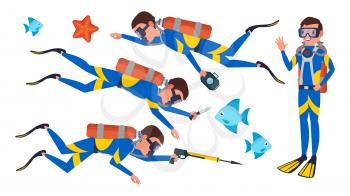 Professional Diver Vector. Underwater Activity And Sports Items Isolated. Scuba Diving Equipment Isolated On White Cartoon Character Illustration