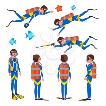Diver Vector. Underwater. Diving At The Bottom Of The Sea. Flat Cartoon Illustration