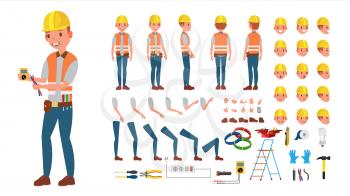 Electrician Vector. Animated Character Creation Set. Electronic Tools And Equipment. Full Length, Front, Side, Back View, Accessories, Poses, Face Emotion Gestures Isolated Cartoon Illustration
