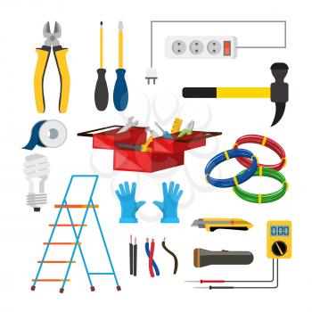 Electrician Icons Set Vector. Electrician Accessories. Stepladder, Gloves, Light Bulb, Wire, Screwdriver Lantern Knife Voltmeter Wire Isolated Illustration