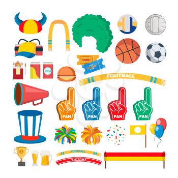 Sport Team Supporters Tools Set Vector. Accessories. Hat, Flag, Scarf. Isolated Flat Illustration