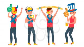 Sport Fan Watching Sport Match Vector. Football, Soccer, Hockey Sports Fans. Different Poses. Isolated On White Cartoon Character Illustration