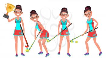 Young Woman Field Hockey Player Vector. Grass Hockey Game. Girl. Flat Cartoon Illustration