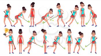 Field Hockey Female Player Vector. Dribbling Ball. In Action. Poses. Women s Grass Hockey Match. Cartoon Character Illustration