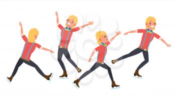 Man Athlete Figure Skating. Ice Figure Skater Vector. Athletes Winter Sport. In Action. Synchron Dancer. Different Poses. Isolated Flat Cartoon Character Illustration