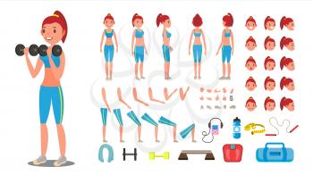 Fitness Girl Vector. Animated Sport Female Character Creation Set. Full Length, Front, Side, Back View, Accessories, Poses, Face Emotions, Gestures. Isolated Cartoon Illustration
